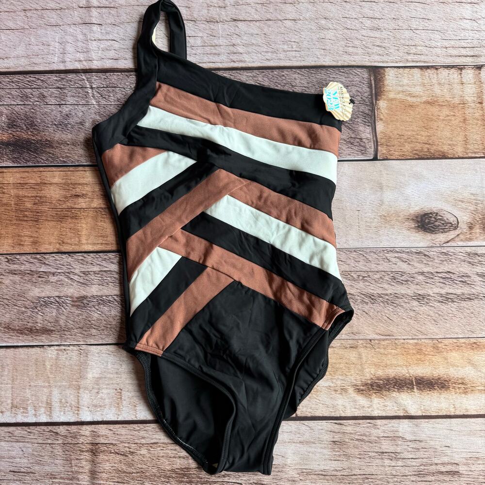 Miraclesuit One-Shoulder Colorblock One-Piece in Black, White & Brown/Tan